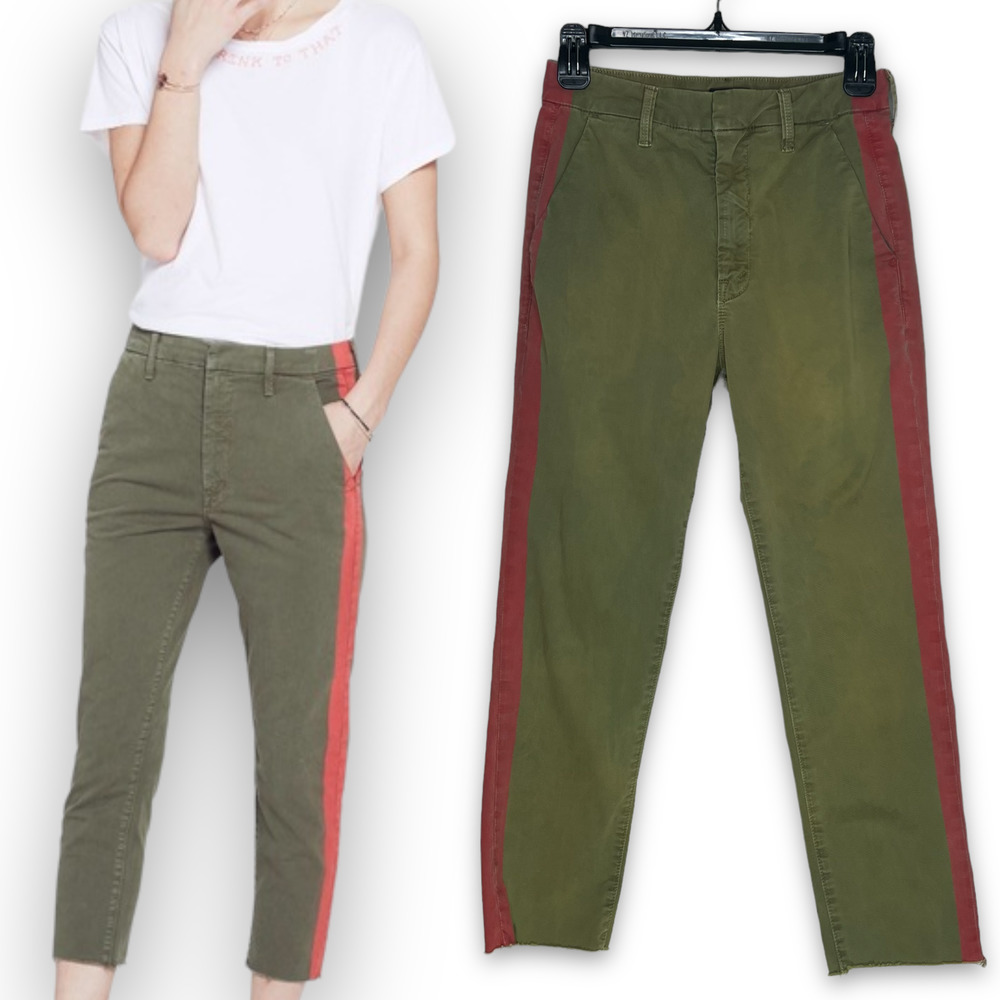 MOTHER DENIM Shaker Prep Fray Fatigue Cropped Pant Stripe Green / Red 24